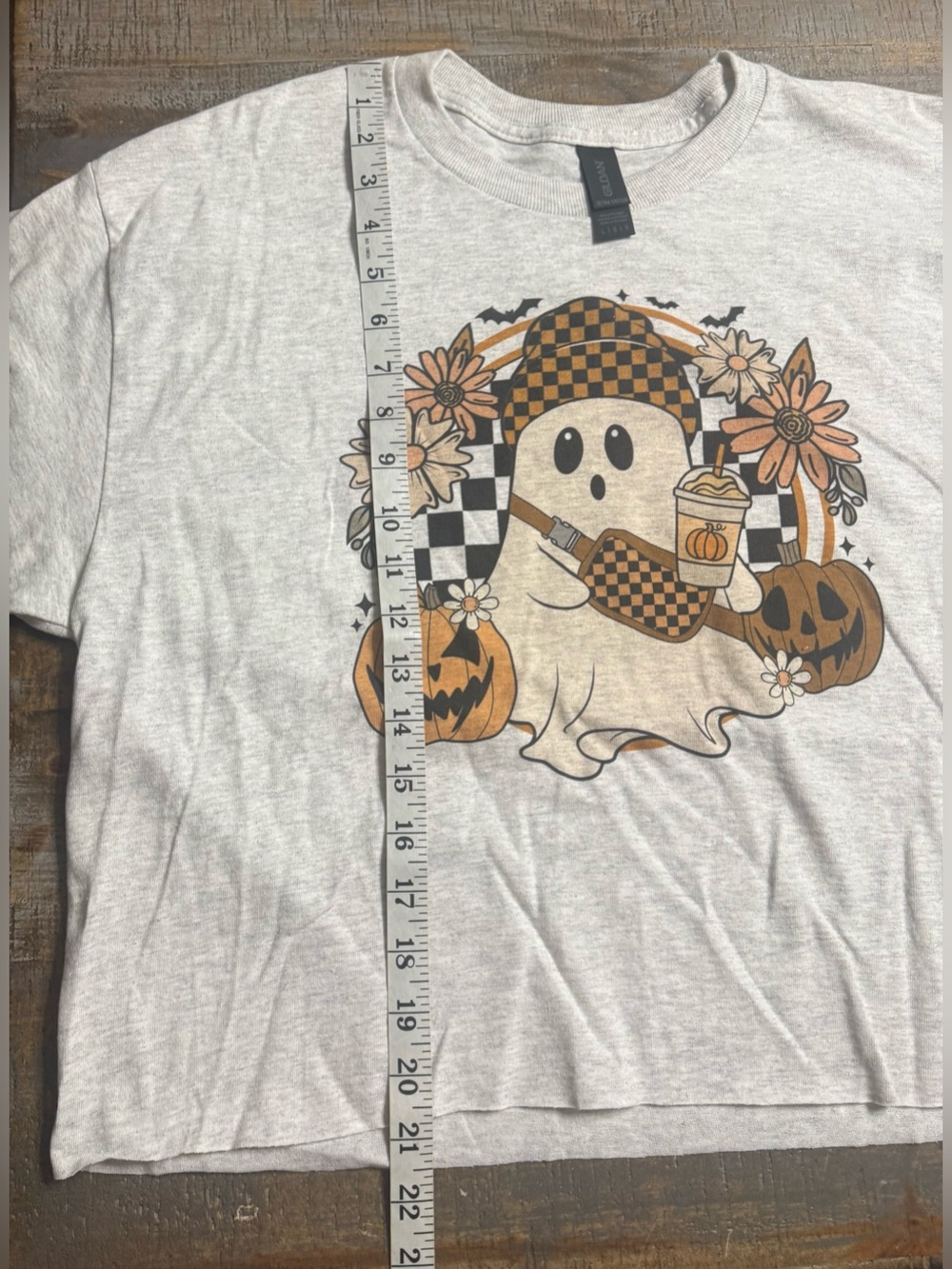 Gildan Light Gray Long Sleeve Cropped Ghost Graphic Tee with Orange Accents - Picture 7 of 7